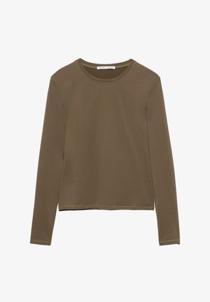 Langärmliges Oberteil aus glattem, elastischem olivgrünem Stoff. Verfügt über einen runden Ausschnitt und kontrastierende Nahtverarbeitung entlang der Kanten.