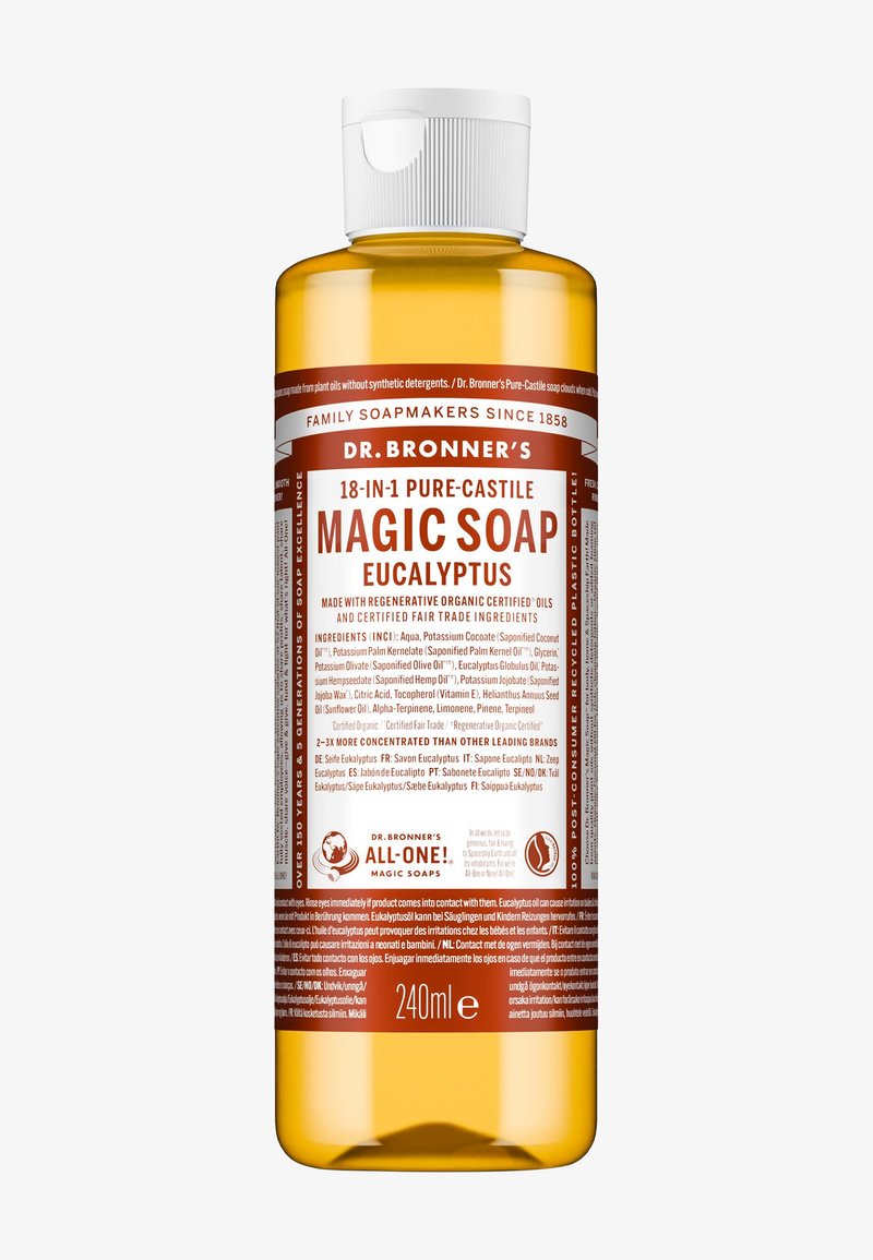Flacon ambré transparent avec bouchon à clapet blanc, étiqueté Dr. Bronner’s 18-en-1 Pure-Castile Magic Soap, parfum eucalyptus, volume 240 ml.