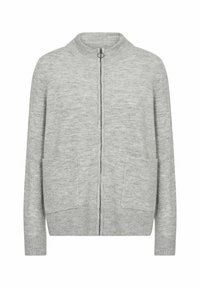 Šedý svetr vyrobený z měkkého, texturovaného materiálu. Má zapínání na zip, kulatý výstřih a dvě přední kapsy.