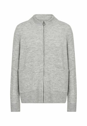 Grijze cardigan gemaakt van een zachte, gestructureerde stof. Beschikt over een ritsluiting, ronde halslijn en twee voorzakken.