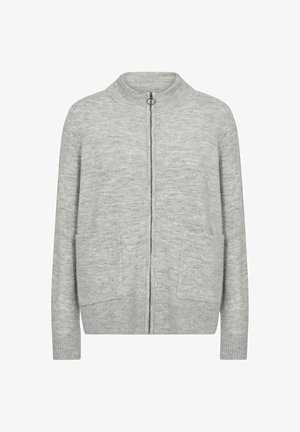 Grå cardigan gjord av ett mjukt, texturerat material. Har dragkedjestängning, rund halsringning och två framfickor.