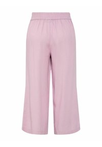 Pantalones de pierna ancha en rosa claro con cintura elástica, textura suave y sin patrones o acentos visibles. Diseñados para un ajuste holgado.