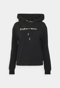 Svart hoodie med dragsko som har en framsideslogo "EA7 EMPORIO ARMANI." Tillverkad av ett mjukt tyg, den har långa ärmar och ribbad mudd.