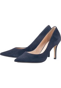 Granatowe zamszowe szpilki z zaokrąglonym noskiem i średnim obcasem typu szpilka. Projekt charakteryzuje się gładką fakturą i minimalistyczną sylwetką.