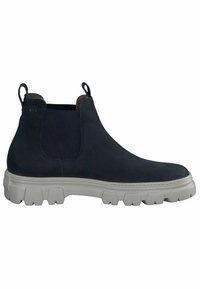 Laivaston sininen mokkainen Chelsea-saapas, jossa on joustavat sivupaneelit ja vetokahvat, varustettu paksulla valkoisella kumipohjalla, jossa on pitoalueiden kuvioinnit.