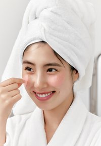 Serviette blanche enroulée autour de la tête, portant une robe blanche, appliquant des patchs gel roses sous les yeux, souriant avec une peau lisse et un maquillage naturel.