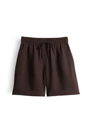 Dunkelbraune legere Shorts mit elastischem Bund und vorderem Kordelzug, mit zwei aufgesetzten Fronttaschen und umgeschlagenem Saum.