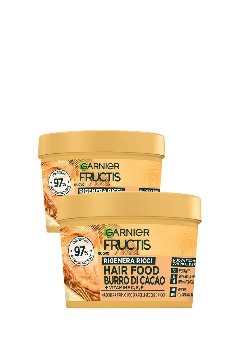 Garnier - MASCHERA RIGENERA RICCI FRUCTIS HAIR FOOD, MASCHERA RIGENERA RICCI 3IN1 CON FORMULA PER CAPELLI SECCHI E RICCI, BURRO DI CACAO, 390 ML - 2 PACK - Trattamenti capelli, Ingrandire