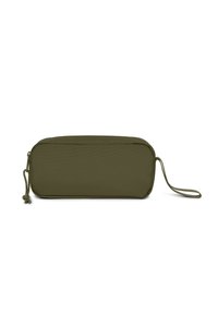 Pochette rettangolare verde oliva realizzata in tessuto testurizzato. Caratterizzata da una chiusura con zip superiore e un'asola laterale per il trasporto. Design semplice e funzionale.