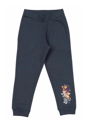 Dark gray children's sweatpants with Paw Patrol characters and paw prints printed on the lower leg near the cuff.