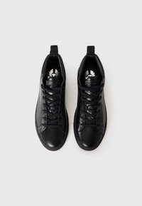 Black leather high-top sneakers with a smooth texture, round toe, and patterned accents; featuring black laces and pull tab on the heel.