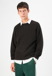 Maglione a coste marrone scuro con maniche lunghe, indossato sopra una camicia bianca con colletto, abbinato a pantaloni verdi. Tessuto morbido, design dalla vestibilità rilassata.