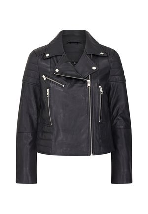 Giacca da motociclista in pelle nera con tasche con zip, dettagli cuciti sulle spalle e un ampio revers. Presenta accenti in metallo argentato.