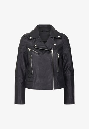 Giacca da motociclista in pelle nera con tasche con zip, dettagli cuciti sulle spalle e un ampio revers. Presenta accenti in metallo argentato.