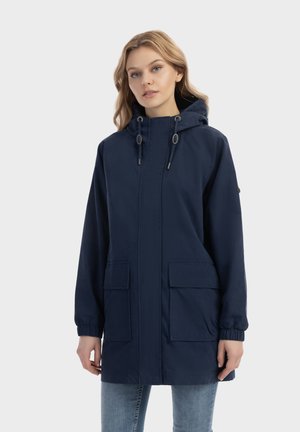 Marineblauwe hoodie gemaakt van lichtgewicht stof, met een ritssluiting aan de voorkant, twee grote opgestikte zakken en elastische manchetten.