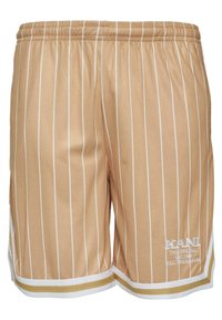 Shorts de sport beiges avec des rayures verticales blanches, une taille élastique, des accents blancs et une broderie de marque le long de l'ourlet.