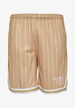 Beige sports shorts med lodrette hvide striber, elastisk talje, hvide detaljer og logo-broderi langs kanten.