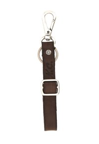 Portachiavi in pelle marrone con clip in metallo, fibbia rettangolare e anello portachiavi rotondo. Presenta iniziali impresse e un accento hardware in tonalità argentata.