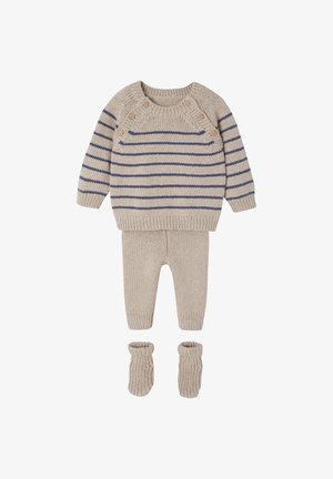 Beige knitted set including a striped sweater with buttons, matching pants, and textured booties. Features a cozy, soft material.
