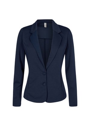 Marineblauwe blazer van gladde stof, met een reverskraag, lange mouwen en twee knopen aan de voorkant. Getailleerde pasvorm zonder zakken.