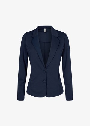 Navy blue blazer made of smooth fabric, featuring a notched collar, long sleeves, and two front buttons. Tailored fit with no pockets.