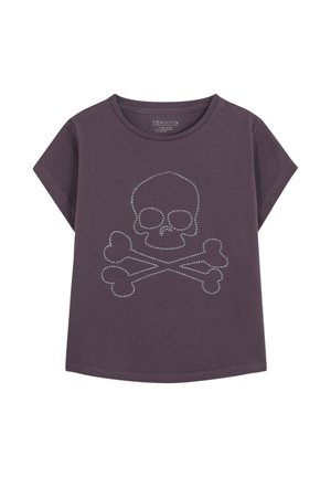 Camiseta de algodón morada con cuello redondo y mangas cortas, que presenta un gráfico de calavera y huesos cruzados de strass plateado en el frente.