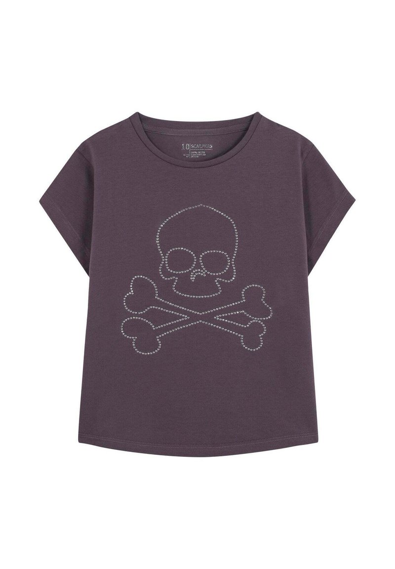 Camiseta de algodón morada con cuello redondo y mangas cortas, que presenta un gráfico de calavera y huesos cruzados de strass plateado en el frente.