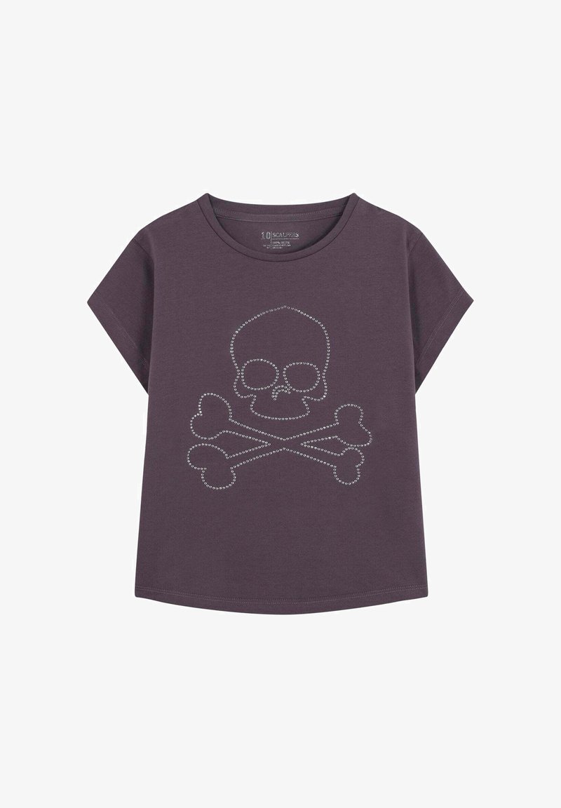 Camiseta de algodón morada con cuello redondo y mangas cortas, que presenta un gráfico de calavera y huesos cruzados de strass plateado en el frente.