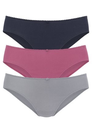 Three pairs of ribbed underwear in navy, pink, and gray. Each features a scalloped waistband and a small button detail at the back.