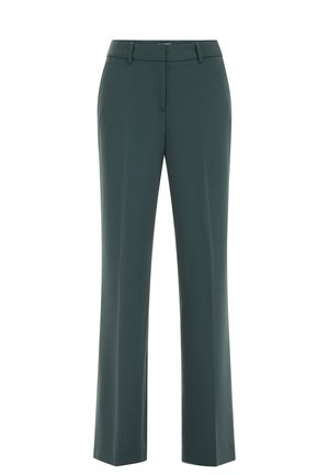 Pantalons taillés verts foncés avec une coupe droite, texture lisse, passants de ceinture et devant plat. Convient pour une tenue formelle.