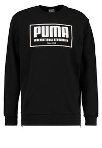 Felpa nera realizzata in misto cotone, con collo rotondo, maniche lunghe e logo stampato bianco con testo all'interno di un design rettangolare.