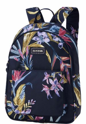 Mochila Dakine azul oscuro con estampado floral multicolor, bolsillo frontal con cremallera y correas acolchadas para los hombros.