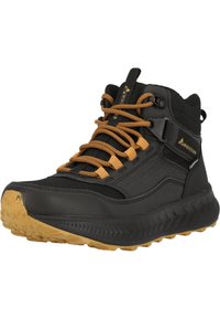 Scarpe alte nere con tomaia testurizzata, lacci arancioni e suola in gomma. Presentano lati rinforzati e colletto alla caviglia imbottito.