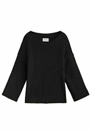 Black knitted sweater with wide, three-quarter length sleeves and a round neckline.