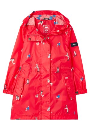 Röd vattentät regnjacka med huva, med olika hundillustrationer i blått, vitt och svart. Inkluderar framfickor och knäppningar.
