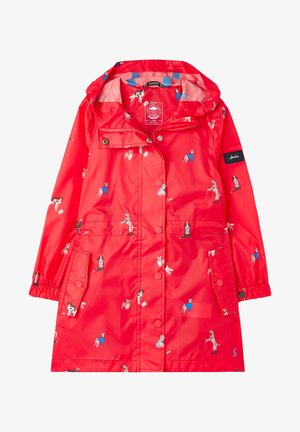Rote wasserdichte Regenjacke mit Kapuze, versehen mit verschiedenen Hundeillustrationen in Blau, Weiß und Schwarz. Enthält Fronttaschen und Druckknopfverschlüsse.