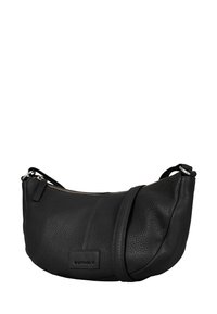 Borsa a spalla in pelle nera con forma rotonda, superficie testurizzata, zip in argento e tracolla regolabile; etichetta del marchio sul fronte.