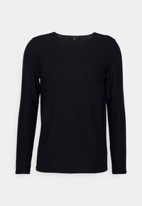 Schwarzes langärmliges eng anliegendes Shirt mit Rundhalsausschnitt auf weißem Hintergrund.