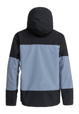 Vandafvisende jakke med sort overdel og lyseblå midtersektion. Hætte-design med glat tekstur og skjulte lynlåse.