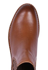 Stivaletto in pelle marrone con finitura liscia, punta arrotondata, motivo decorativo di lato e dettagli cuciti lungo il bordo.
