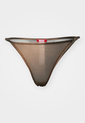 Ruskea läpikuultava verkkopantyö, jossa on ohut elastinen vyötärö, hienovarainen kiilto ja punainen tuotemerkki etuosassa. Minimalistinen muotoilu.