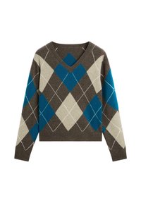 Brun V-ringad tröja med ett argyle-mönster i ljusbeige och blått. Tillverkad av mjukt tyg, med långa ärmar och vita detaljer.