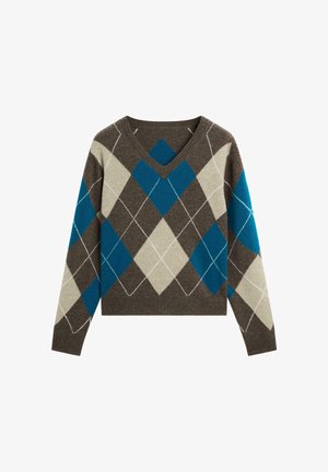 V-neck sweater in brown with an argyle pattern in light beige and blue. Made of soft fabric, featuring long sleeves and white accents.