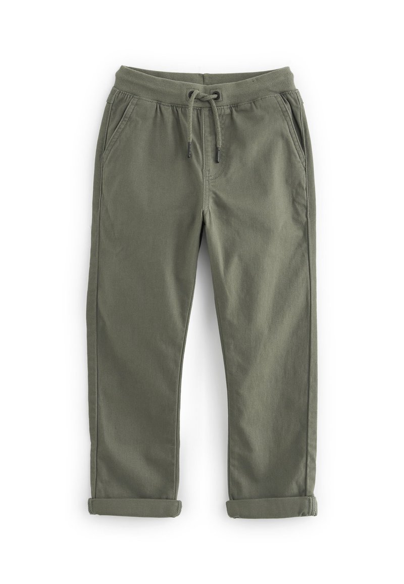 Olijfgroene casual broek met een elastische tailleband, verstelbaar trekkoord, twee zijzakken en opgerolde broekspijpen. Katoenmateriaal, gladde textuur.