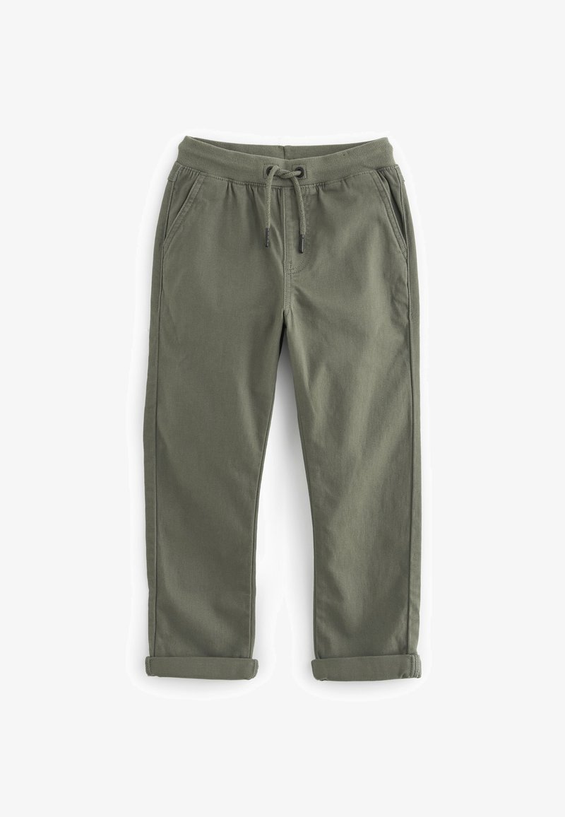 Olivenfarvede casual bukser med elastisk talje, justerbar snor, to sidelommer og opbukket kant. Bomuldsstoffet, glat tekstur.