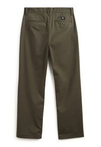 Pantalones verde oliva confeccionados en tela suave, con un diseño de pierna recta, dos bolsillos traseros y una etiqueta de la marca cerca de la cinturilla.