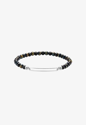 Perlenarmband mit abwechselnd mattschwarzen und dunkelbraunen Perlen und einem polierten silbernen, gebogenen Metallstück als Mittelstück.