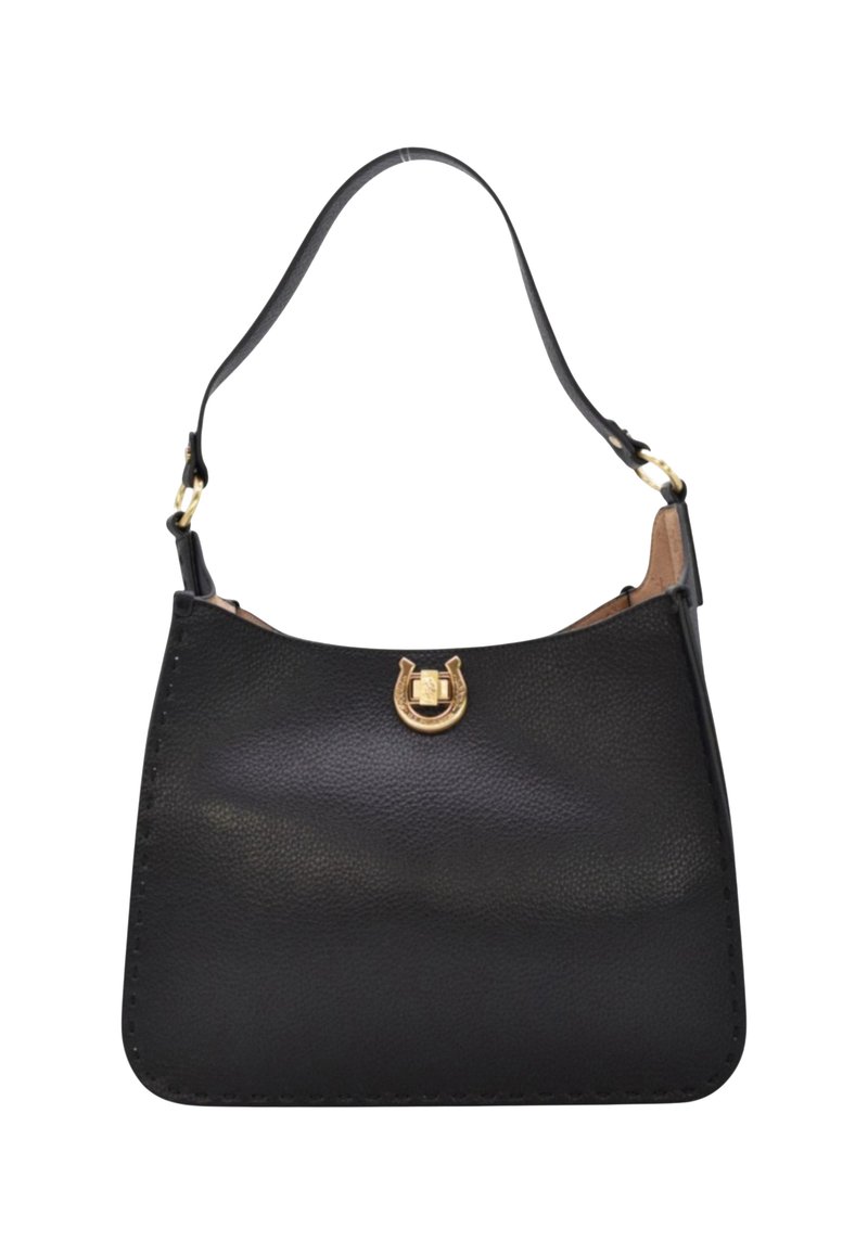 Czarna skórzana torba na ramię z krótkim paskiem i małym złotym zapięciem w kształcie podkowy na środku u góry.