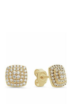 Goldene quadratische Steckerohrringe mit drei Reihen kleiner runder Diamanten, die um einen zentralen Cluster angeordnet sind, mit Schmetterlingsverschlüssen.