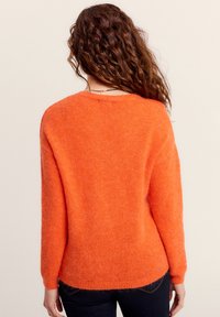 Oranger, flauschiger Pullover mit langen Ärmeln, rundem Ausschnitt und geripptem Saum. Über dunklen Jeans getragen, zeigt er eine weiche Textur und eine lebendige Farbe.